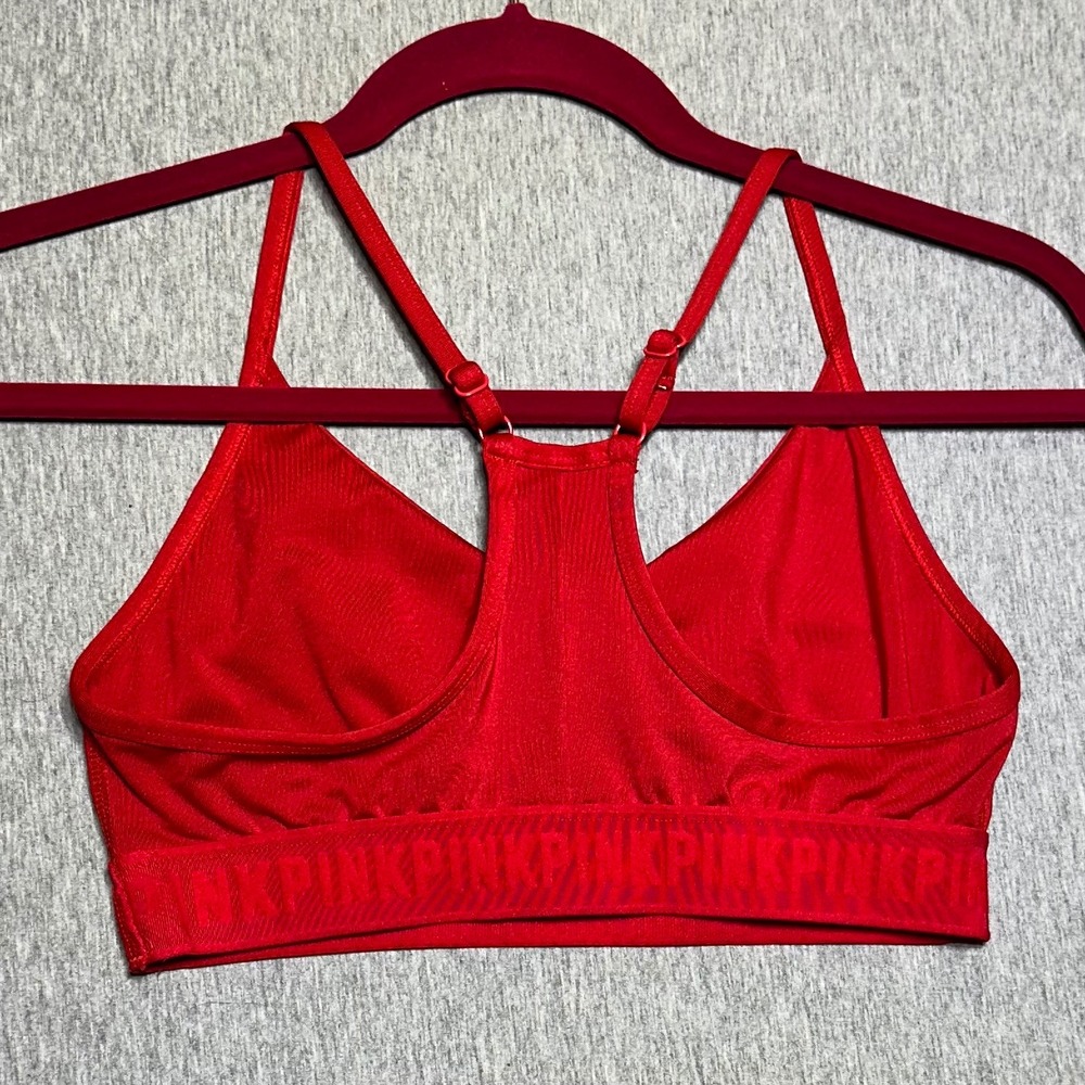 Victoria's Secret PINK Ultimate Sports Bra Red Gold Logo Lightly Lined Medium - Picture 2 of 7